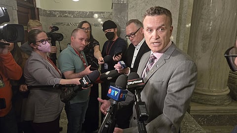 Alberta MLA Peter Guthrie speaks with media on Wednesday, April 16, 2025