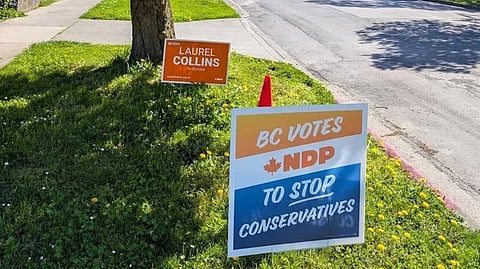 NDP election signs in Victoria play down leader Jagmeet Singh and offer a strategic voting message instead.