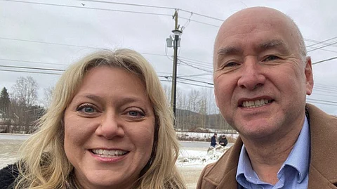 Tracy Gray (left) Conservative candidate for Kelowna Lake Country greets Ellis Ross, new Conservative candidate for Skeena Bulkley Valley. Ross is a former chief of the Haisla Nation