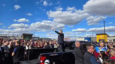 Liberal leader Mark Carney speaks to supporters at an Edmonton campaign rally on April 27, 2025