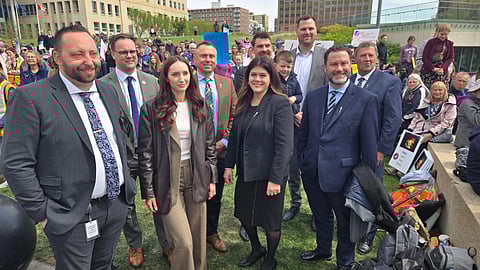 United Conservative Party (UCP) MLA Chantelle de Jonge (centre left) with UCP MLAs and cabinet ministers at a pro-life rally at the Alberta Legislature on May 8, 2025.