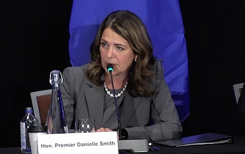 A photo showing Premier Danielle Smith at a town hall in Edmonton on Thursday. August 15, 2025.