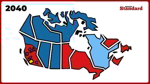 Map of Canada in 2040 showing political fragmentation, with different provinces and territories coloured in blue, red, light blue, yellow and purple. The Western Standard logo appears in the top right corner. The map appears to illustrate a hypothetical future scenario of Canadian balkanization with distinct regional divisions.