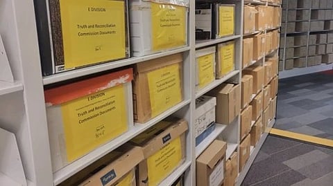 Investigation files from Project E-NIRS, some marked for use by the Truth and Reconciliation Commission, sit in the archives of the BC RCMP.