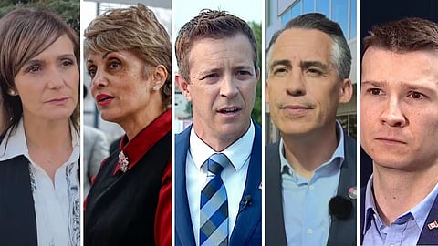 Calgary mayoral candidates Sonya Sharp, Jyoti Gondek, Jeff Davison, Bria Thiessen, Jeromy Farkas