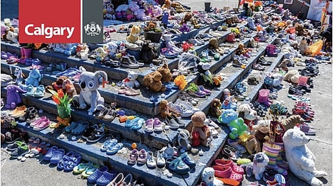 Memorial of shoes at Calgary city hall