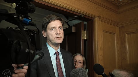 B.C. Premier David Eby speaks to reporters outside a New Democratic Party caucus meeting in Victoria on Monday, April 20, 2026, after reading a joint statement with the First Nations Leadership Council.