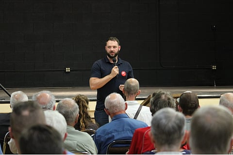 Alberta Republican leader Cameron Davies speaks in Three Hills Alberta in 2025