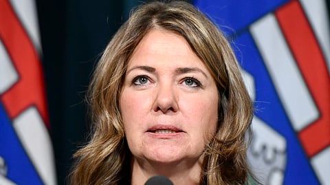 Alberta Premier Danielle Smith speaks with media