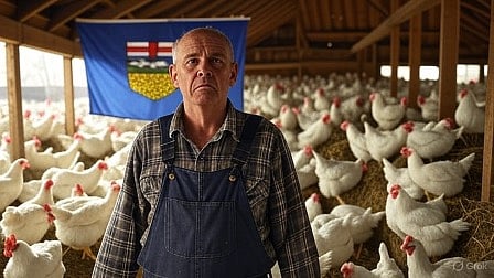 An AI rendering of a chicken farmer 