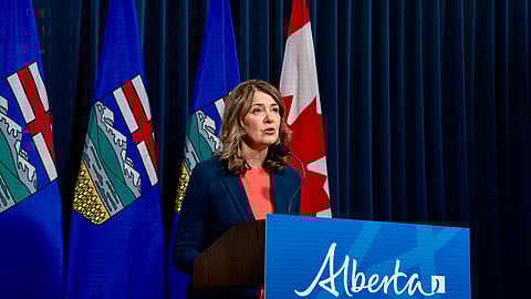 Alberta Premier Danielle Smith speaks with media