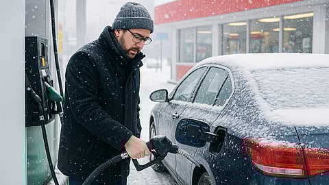 A man fills his car with gasoline in Quebec