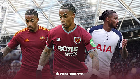 Three separate images of Crysencio Summerville, wearing a Tottenham, West Ham United and Roma kit