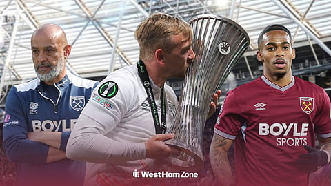 West Ham skipper Jarrod Bowen kissing Conference League trophy, Crysencio Summerville and Nuno looking miserable.