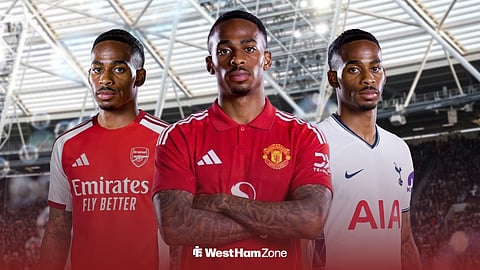 Crysencio Summerville in a Man United kit, an Arsenal kit and a Tottenham kit