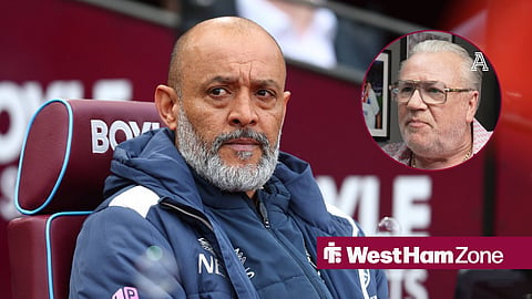 Nuno Espirito Santo in the dugout for West Ham, alongside a circular inset of Ray Winstone.
