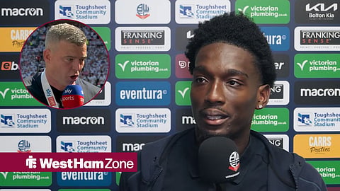 Amario Cozier-Duberry speaking to Bolton's media team, looking at a circular inset of Steven Schumacher talking to Sky Sports.