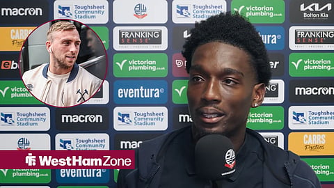 Amario Cozier-Duberry speaking to Bolton's media team, looking at a circular inset of Jarrod Bowen.