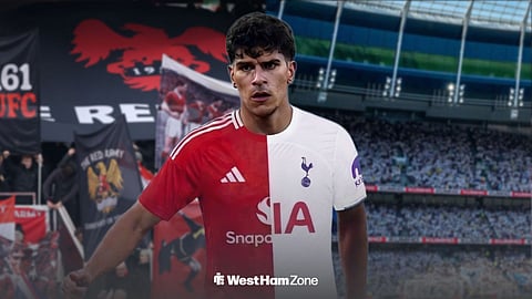 West Ham's Mateus Fernandes in a half Tottenham-half Man United shirt.