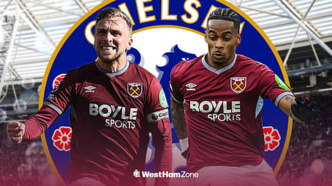 West Ham stars Crysencio Summerville and Jarrod Bowen with a Chelsea badge behind them.