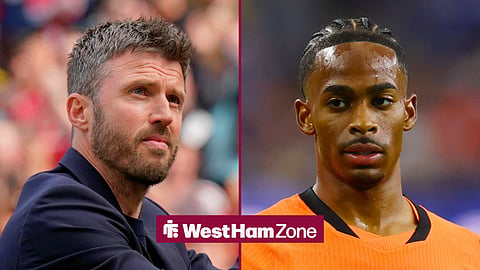 Split image of Michael Carrick clapping the fans after managing a Manchester United game and West Ham forward Crysencio Summerville looking on while playing for the Netherlands at the 2026 World Cup
