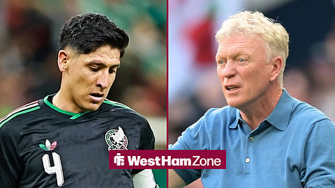 Split image of Edson Alvarez playing a pass during a game for Mexico and David Moyes handing out instructions on the sidelines while managing Everton