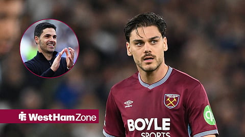 Konstantinos Mavropanos in action for West Ham, Mikel Arteta in inset