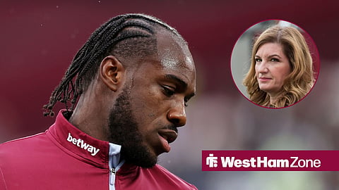 Michail Antonio wearing West Ham training gear and Karren Brady.
