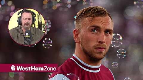 Jarrod Bowen looks on for West Ham, with a circular inset of Danny Dyer.