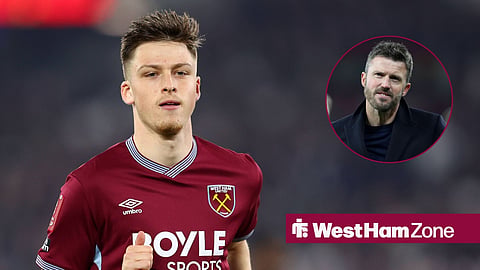 Oliver Scarles in action for West Ham, Manchester United boss Michael Carrick in inset