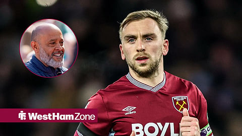 Jarrod Bowen in action for West Ham and Nuno Espirito Santo smiling in inset