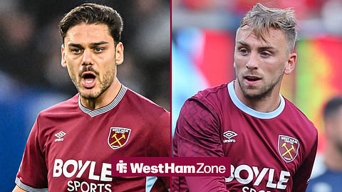 Konstantinos Mavropanos and Jarrod Bowen both looking left playing for West Ham United in image split