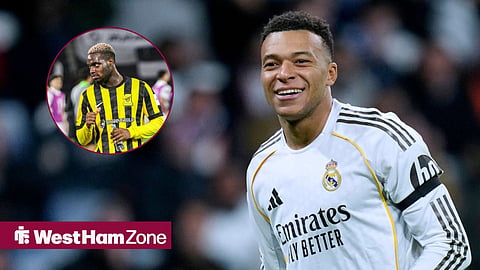 Kylian Mbappe smiling while looking left in action for Real Madrid with George Ilenikhena in circular inset