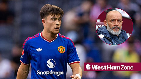 Harry Amass in pre-season action for Manchester United and Nuno Espirito Santo in a circular frame inset