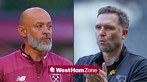 Split image of West Ham boss Nuno Espirito Santo and Derby County manager John Eustace
