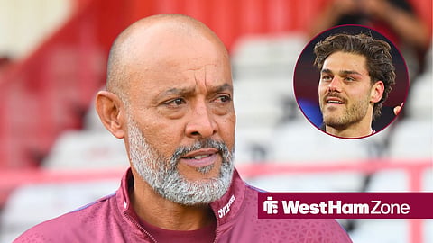 Main image of Nuno Espirito Santo managing West Ham United and Konstantinos Mavropanos' face in a circular inset on the right