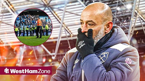 Nuno Espirito Santo with hand on mouth ahead of flames at London Stadium, with Police in circular inset