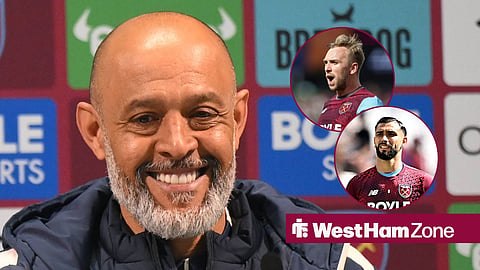 Nuno Espirito Santo smiling in a press conference, with Jarrod Bowen and Taty Castellanos in circular frames inset