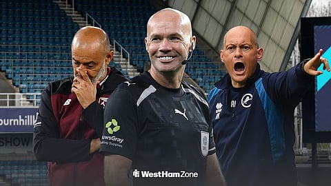 Paul Tierney in the centre, with Nuno Espirito Santo and Alex Neil either side and The Den behind them