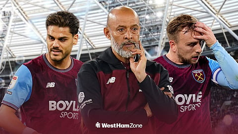 Konstantinos Mavropanos and Jarrod Bowen in action for West Ham, with Nuno Espirito Santo in the centre