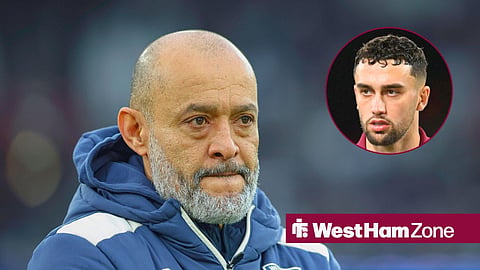 Main image of West Ham United manager Nuno Espirito Santo and Max Kilman's face in a circular inset on the right