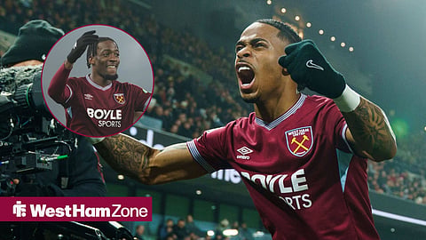 Crysencio Summerville celebrating with West Ham fans with Axel Disasi smiling in circular inset