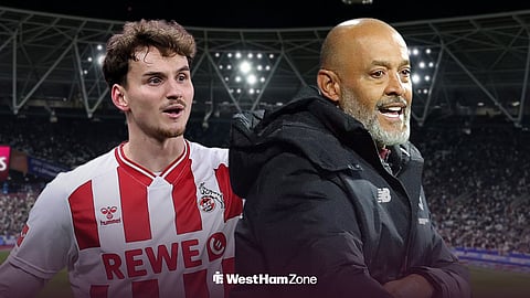 Rav van den Berg and Nuno Espirito Santo outside West Ham United's ground, the London Stadium.