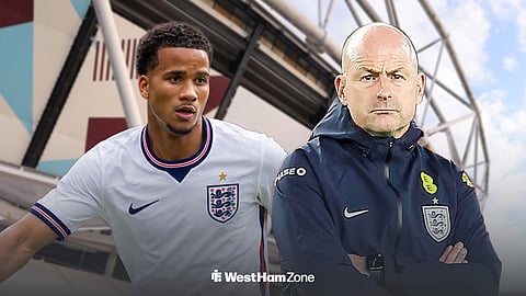 Divine Mukasa in an England shirt and Lee Carsley looking on for England's U21s ahead of the London Stadium, home of West Ham United