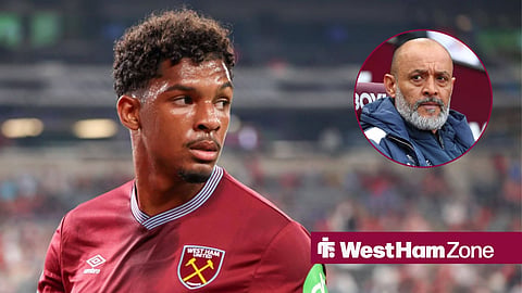 Luis Guilherme in action for West Ham and Nuno Espirito Santo looking on at the London Stadium.