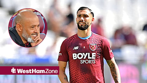 Main image of West Ham United striker Taty Castellanos and Nuno Espirito Santo's face in a circular inset on the left