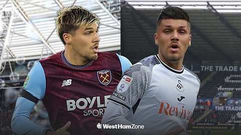 Joel Piroe at West Ham in action ahead of London Stadium, by side of Piroe in Swansea action