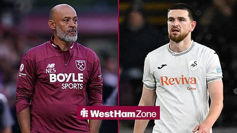 West Ham United head coach Nuno Espirito Santo at the London Stadium, looking at Swansea FC striker Zan Vipotnik