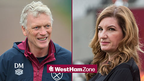 A 50:50 image. On the left is David Moyes when in charge at West Ham. On the right is ex-West Ham chief Karren Brady.