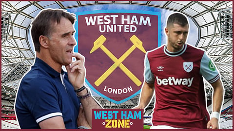 Julen Lopetegui and Guido Rodriguez at West Ham. Credit: Imago